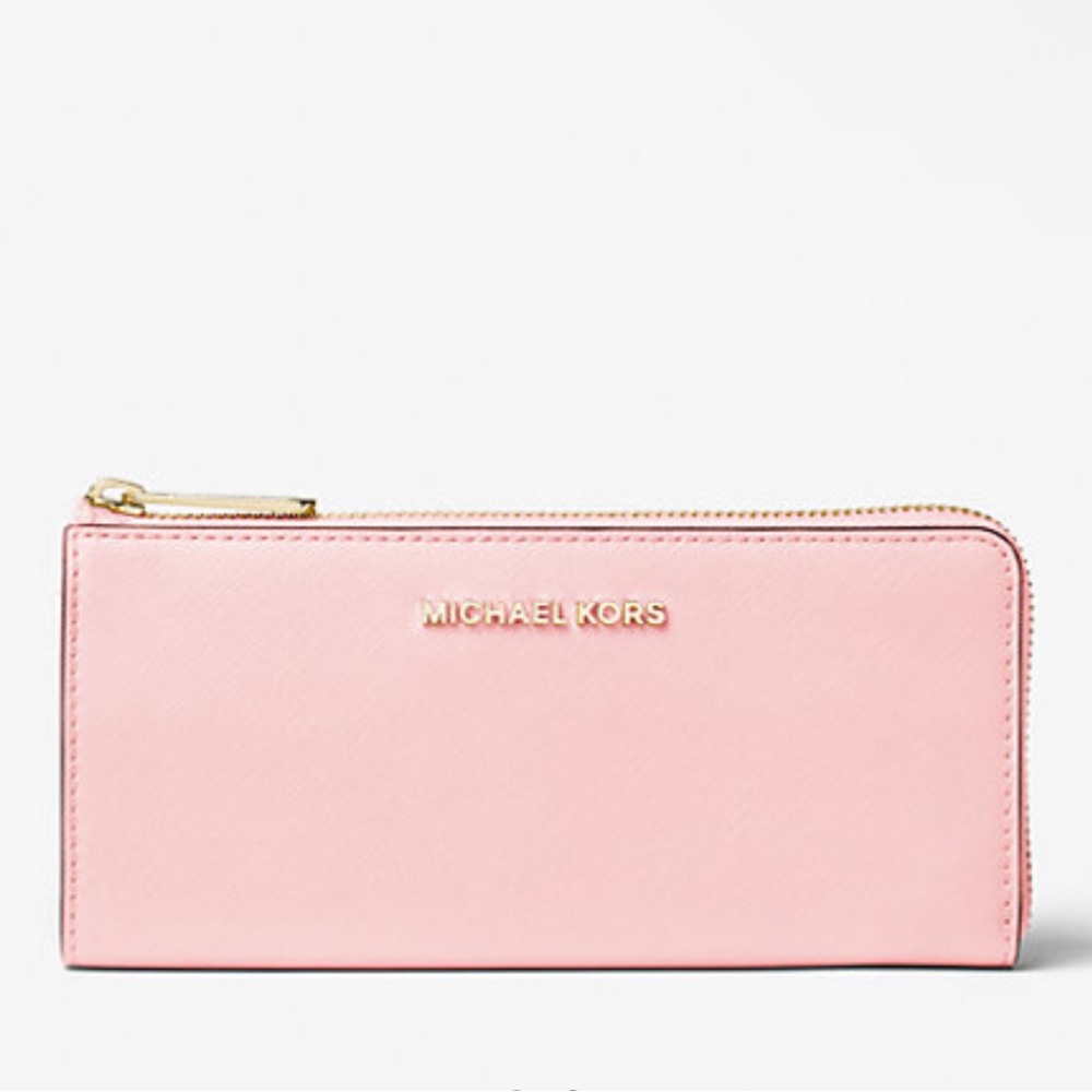NWT Michael Kors Jet Set Travel Large Saffiano Leather Quarter-Zip Wallet Pink